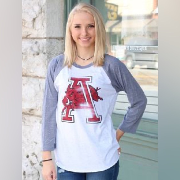 Southern Trend Red and Gray Raglan Sleeve Baseball-Style Arkansas Razorback Top - Picture 2 of 4